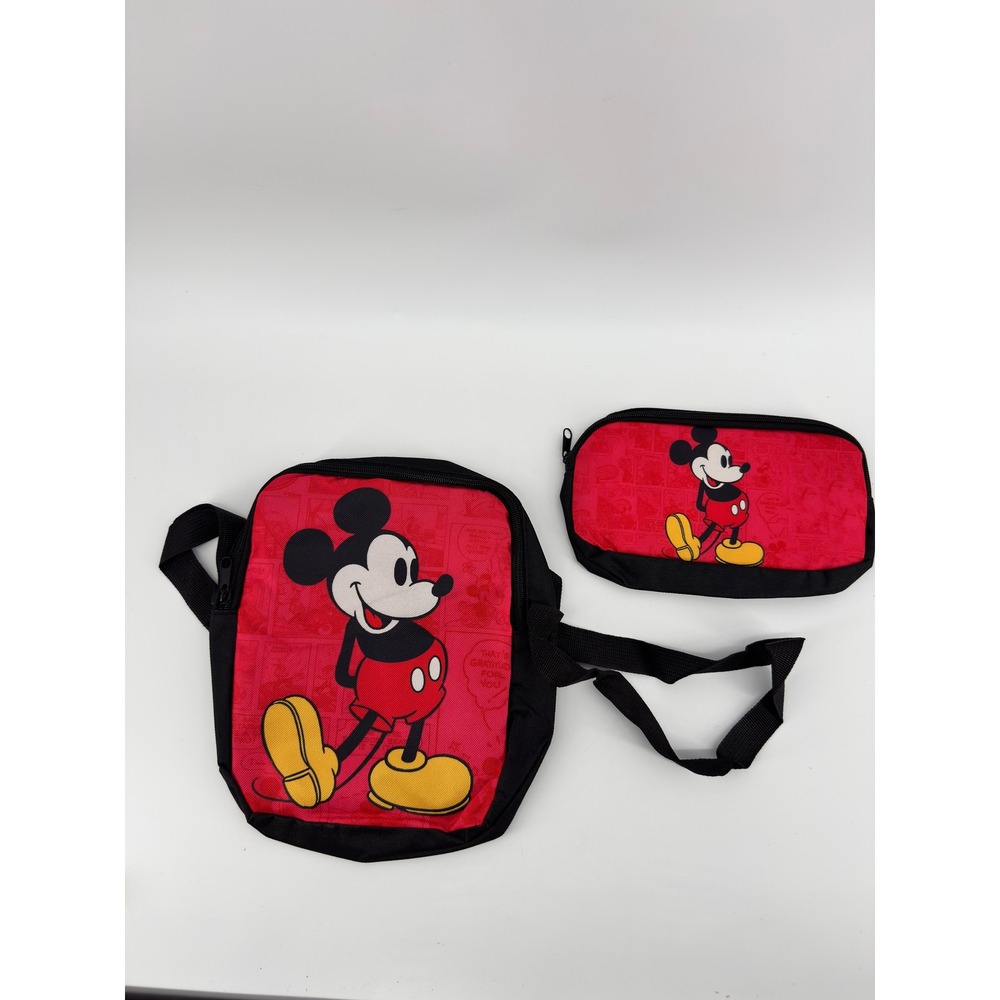 Disney Mickey Mouse Red Black Canvas Crossbody Bag and Zipper Pouch 2 Piece Set